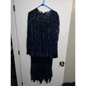 Scala Milano Paris LA Dress Small Blue Black Floral Lace Sequin Beaded Evening
